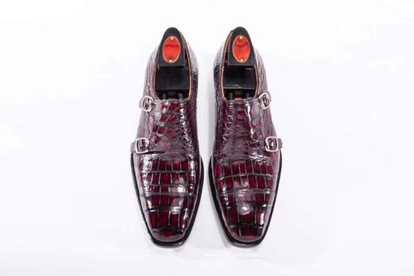 Goodyear Fashion Double Monk Strap Mens Dress Shoes Crocodile Leather - Wine Red