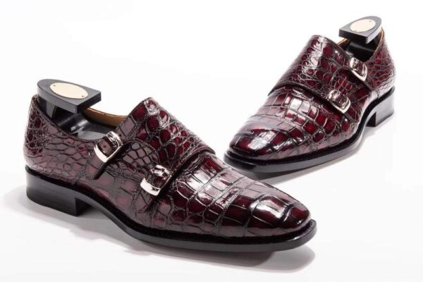 Goodyear Fashion Double Monk Strap Mens Dress Shoes Crocodile Leather - Wine Red - Image 7