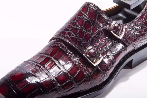 Goodyear Fashion Double Monk Strap Mens Dress Shoes Crocodile Leather - Wine Red - Image 9