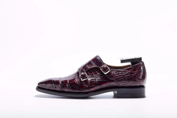 Goodyear Fashion Double Monk Strap Mens Dress Shoes Crocodile Leather - Wine Red - Image 8