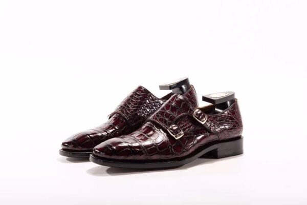 Goodyear Fashion Double Monk Strap Mens Dress Shoes Crocodile Leather - Wine Red - Image 4