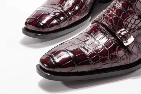 Goodyear Fashion Double Monk Strap Mens Dress Shoes Crocodile Leather - Wine Red - Image 3