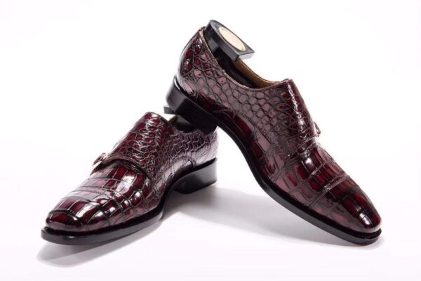 Goodyear Fashion Double Monk Strap Mens Dress Shoes Crocodile Leather - Wine Red - Image 6