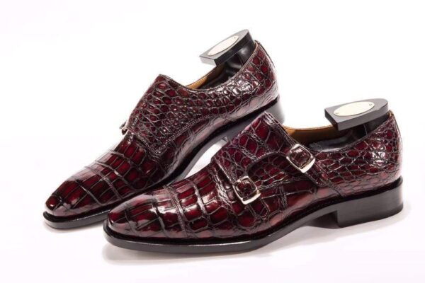 Goodyear Fashion Double Monk Strap Mens Dress Shoes Crocodile Leather - Wine Red - Image 5