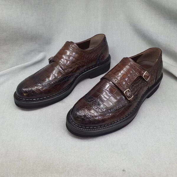 Men's Crocodile Leather Brogue Lace-Up Shoes Brown - Image 2