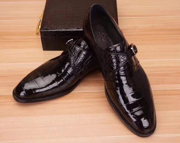 Mens Crocodile  Leather Black Monk Shoes Slip on Smart Loafer - Image 4