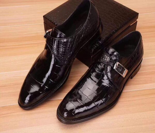 Mens Crocodile  Leather Black Monk Shoes Slip on Smart Loafer - Image 3