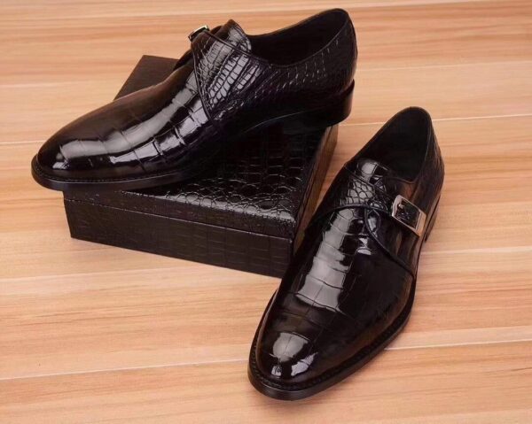 Mens Crocodile  Leather Black Monk Shoes Slip on Smart Loafer