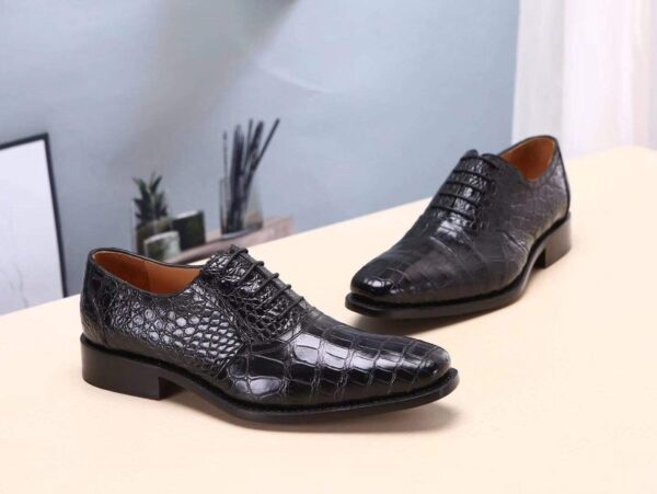 Black Men's  Crocodile Belly Leather  Lace Ups Shoes- Men's Dress Shoe,Goodyear Sole - Image 5