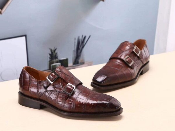 Brown Mens Shoes  Crocodile Belly Leather Monk Double Strap Dress Shoes,Goodyear Sole - Image 4