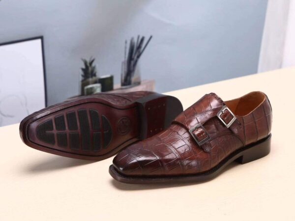 Brown Mens Shoes  Crocodile Belly Leather Monk Double Strap Dress Shoes,Goodyear Sole - Image 2