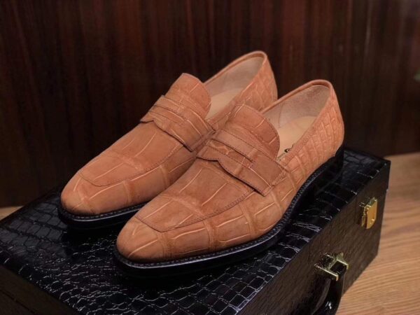 Classic Sanded Genuine Crocodile Leather Slip On loafers driving shoes Beige - Image 2