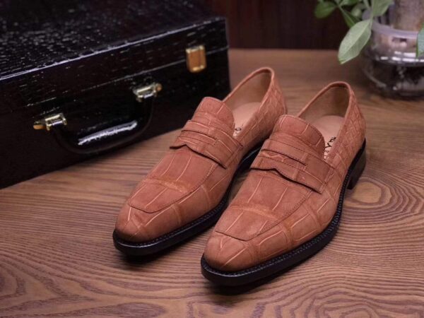 Classic Sanded Genuine Crocodile Leather Slip On loafers driving shoes Beige - Image 3