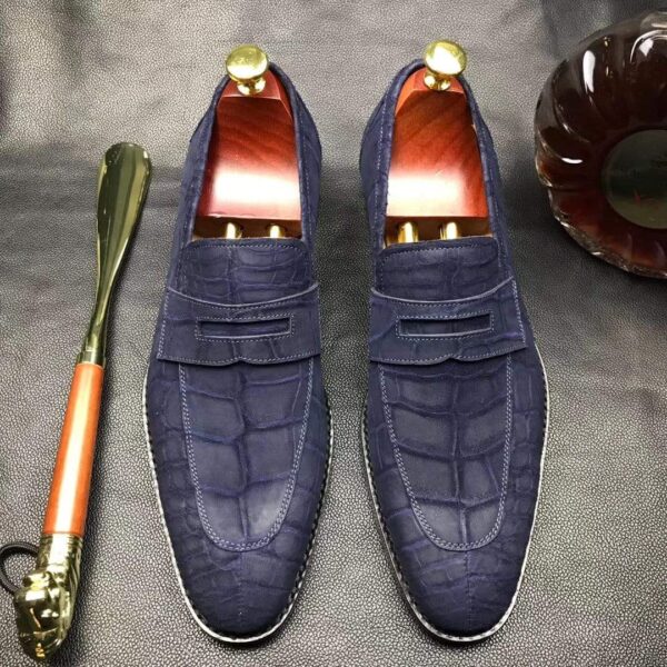 Classic Sanded Genuine Crocodile Leather Slip On loafers driving shoes Blue