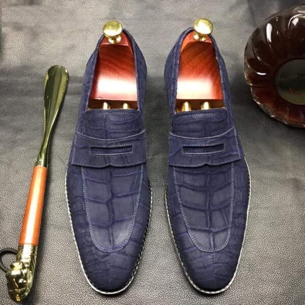 Classic Sanded Genuine Crocodile Leather Slip On loafers driving shoes Blue - Image 2