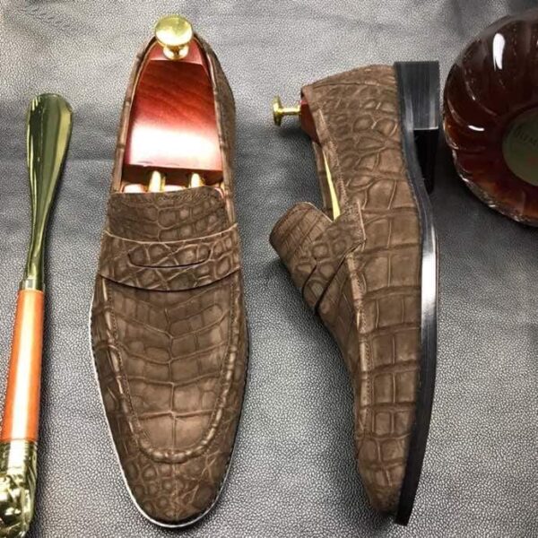 Classic Sanded Genuine Crocodile Leather Slip On loafers driving shoes Brown - Image 3