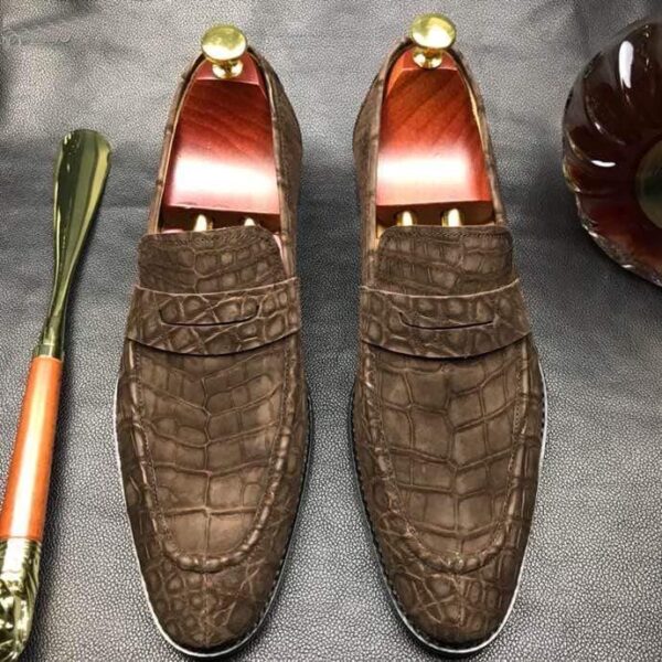 Classic Sanded Genuine Crocodile Leather Slip On loafers driving shoes Brown - Image 2