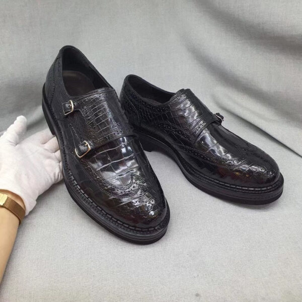 Men's Crocodile Leather Brogue Lace-Up Shoes Black - Image 5