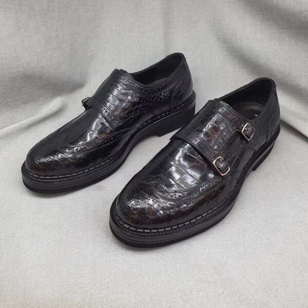 Men's Crocodile Leather Brogue Lace-Up Shoes Black - Image 6