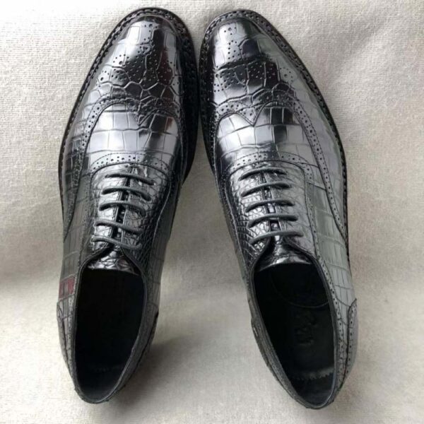 Men's Crocodile Leather Brogue Norwegian Stitch  Lace-Up Business Shoes - Image 5