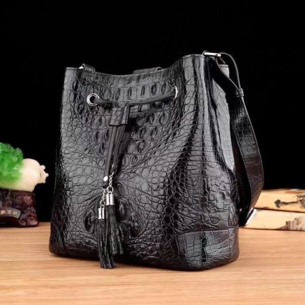 Crocodile Leather Bucket Bag For Women,Drawsring Crossody Shoulder Bag And Hobo Tote Handbags - Image 2