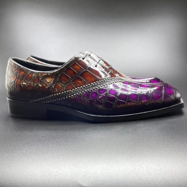 Genuine Crocodile Leather Mens Lace up Dress Shoes Hand Painted Vintage Brown/ Purple - Image 6