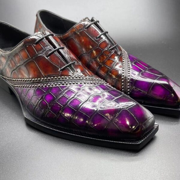 Genuine Crocodile Leather Mens Lace up Dress Shoes Hand Painted Vintage Brown/ Purple - Image 5