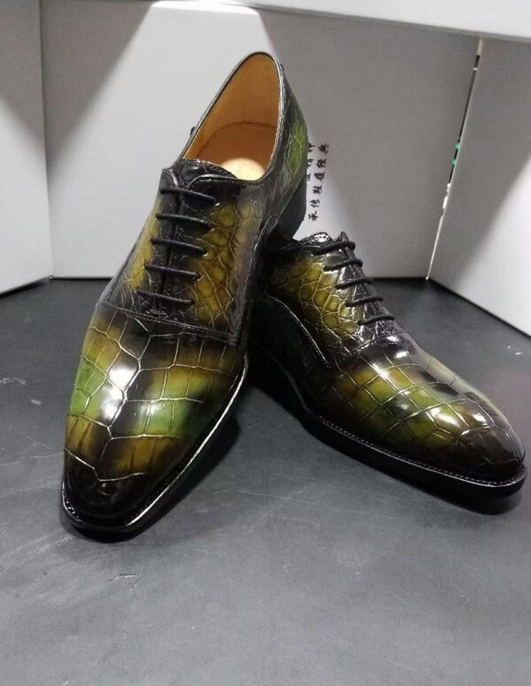 Genuine Crocodile Leather Mens Lace up Dress Shoes Hand Painted Vintage Green - Image 3