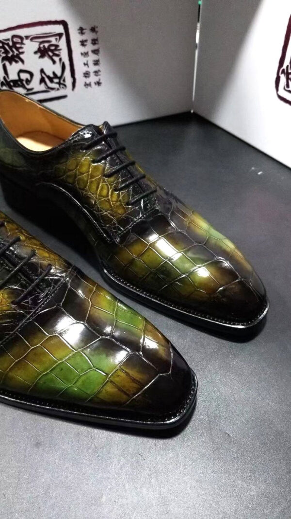 Genuine Crocodile Leather Mens Lace up Dress Shoes Hand Painted Vintage Green - Image 2