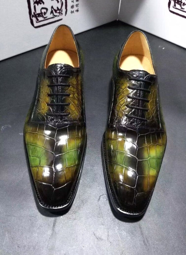 Genuine Crocodile Leather Mens Lace up Dress Shoes Hand Painted Vintage Green - Image 4