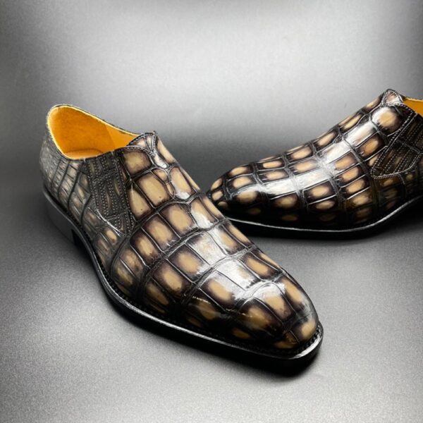 Genuine Crocodile Leather Mens Penny Loafers Dress Shoes Hand Painted Vintage Yellow - Image 4