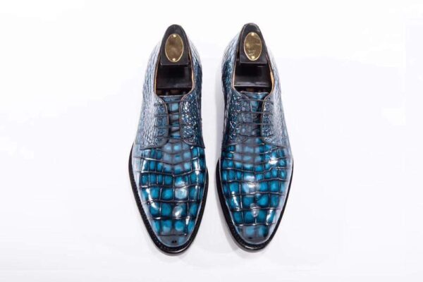 Goodyear Welted Handmade Men Crocodile Leather Lace-Up Shoes,Teal Blue Mens Dress  shoes