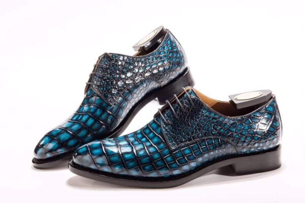 Goodyear Welted Handmade Men Crocodile Leather Lace-Up Shoes,Teal Blue Mens Dress  shoes - Image 4