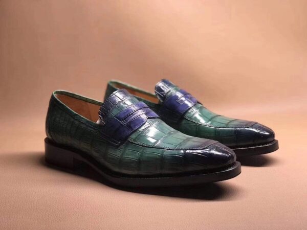 Green Men's Crocodile Leather Loafers,Slip-Ons Diving Shoes, Penny Loafers Shoes - Image 2