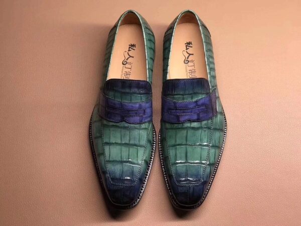 Green Men's Crocodile Leather Loafers,Slip-Ons Diving Shoes, Penny Loafers Shoes - Image 3