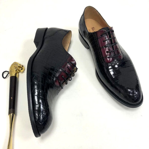 Handmade Crocodile Leather  Vintage Two Tone Classic Lace Up Leather Lined Shoes - Image 4