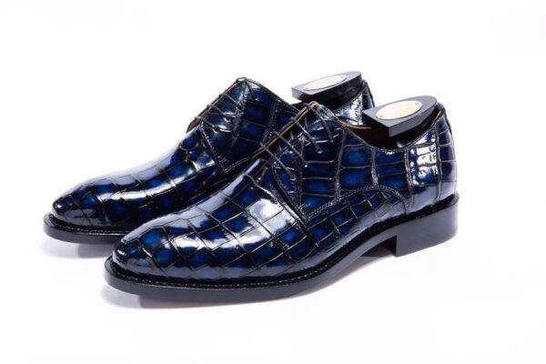 Handmade Men Crocodile Leather Lace-Up Shoes,Mens Dark Blue Crocodile Leather Dress Shoes - Image 2