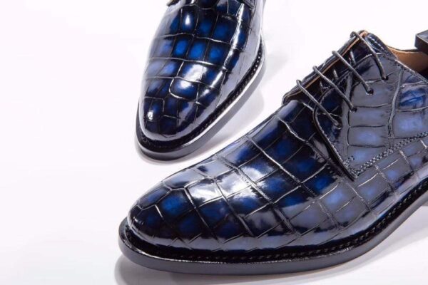 Handmade Men Crocodile Leather Lace-Up Shoes,Mens Dark Blue Crocodile Leather Dress Shoes - Image 4