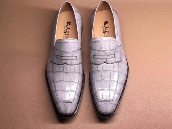 Light Grey Men's Crocodile Leather Loafers,Slip-Ons Diving Shoes, Penny Loafers Shoes - Image 5