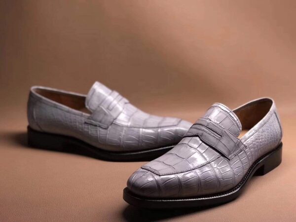 Light Grey Men's Crocodile Leather Loafers,Slip-Ons Diving Shoes, Penny Loafers Shoes - Image 6