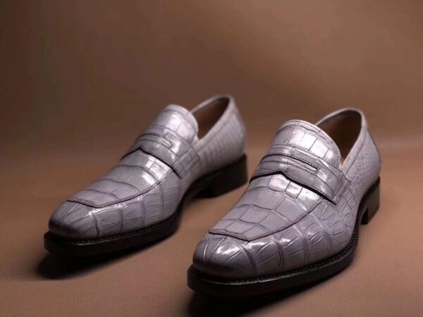 Light Grey Men's Crocodile Leather Loafers,Slip-Ons Diving Shoes, Penny Loafers Shoes - Image 2