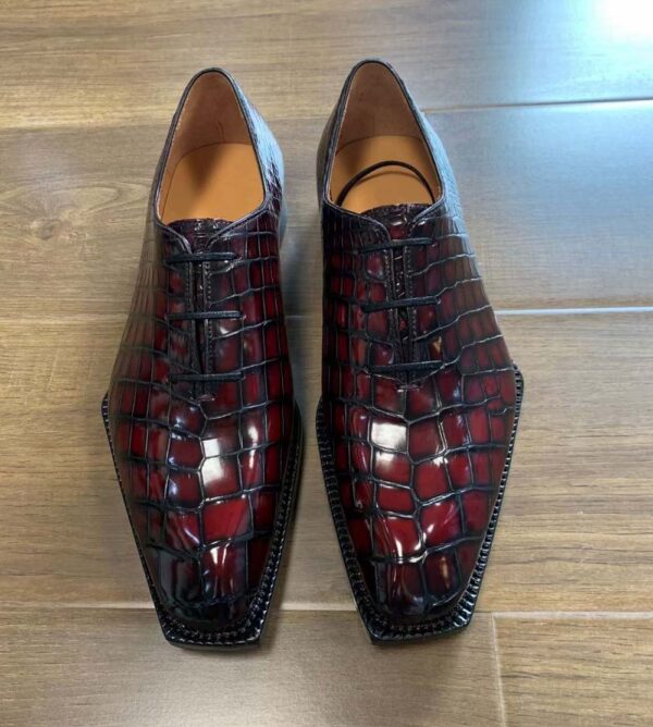 Men's Crocodile Leather Brushed Wine Red Business Dress  Lace Up Shoes - Image 5