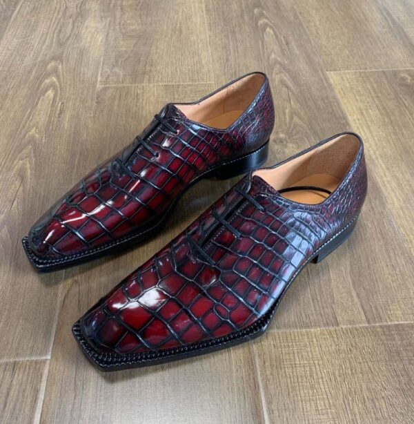 Men's Crocodile Leather Brushed Wine Red Business Dress  Lace Up Shoes - Image 3