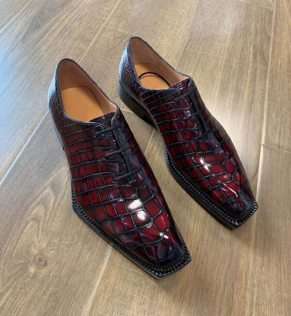 Men's Crocodile Leather Brushed Wine Red Business Dress  Lace Up Shoes - Image 4