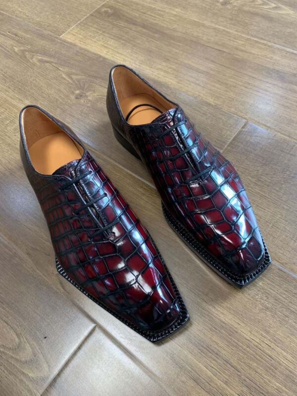 Men's Crocodile Leather Brushed Wine Red Business Dress  Lace Up Shoes