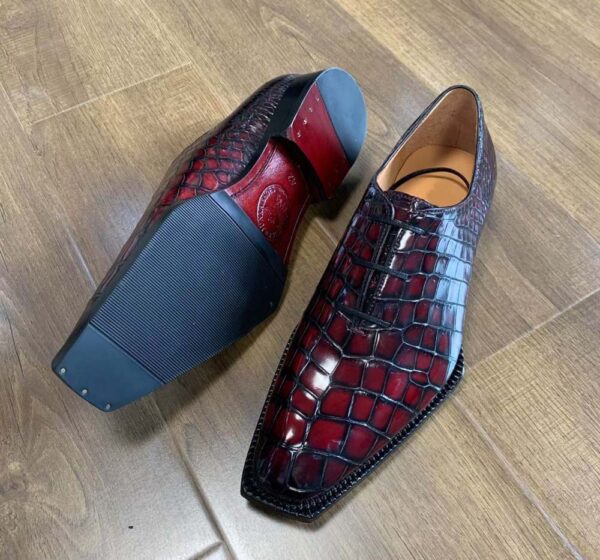 Men's Crocodile Leather Brushed Wine Red Business Dress  Lace Up Shoes - Image 9