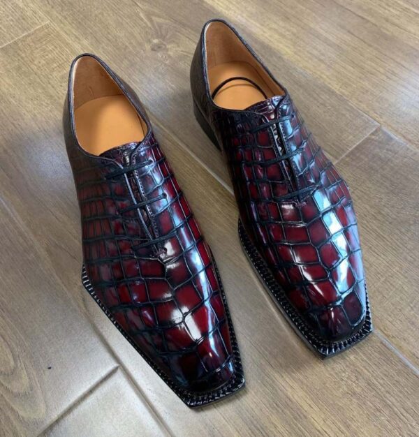 Men's Crocodile Leather Brushed Wine Red Business Dress  Lace Up Shoes - Image 6