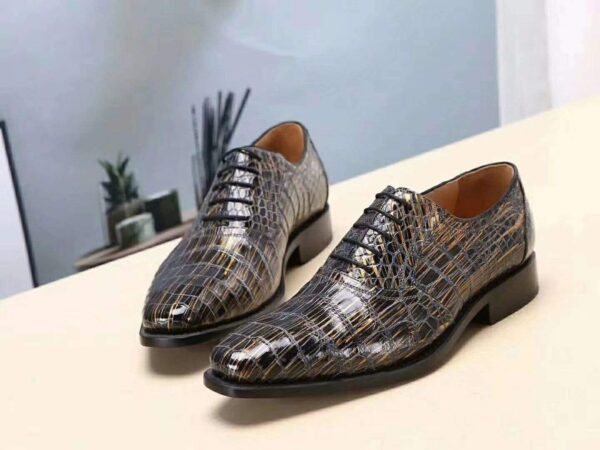 Men s Crocodile Leather Gold burnishes  Lace-Up Shoes ,Goodyear Sole - Image 3