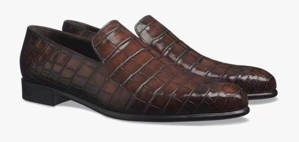 Men's Penny Loafer Shoes, Genuine Crocodile Skin Leather Slip On Casual Dress Shoes Vintage Brown - Image 4