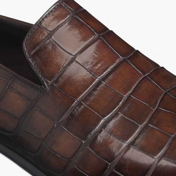 Men's Penny Loafer Shoes, Genuine Crocodile Skin Leather Slip On Casual Dress Shoes Vintage Brown - Image 2